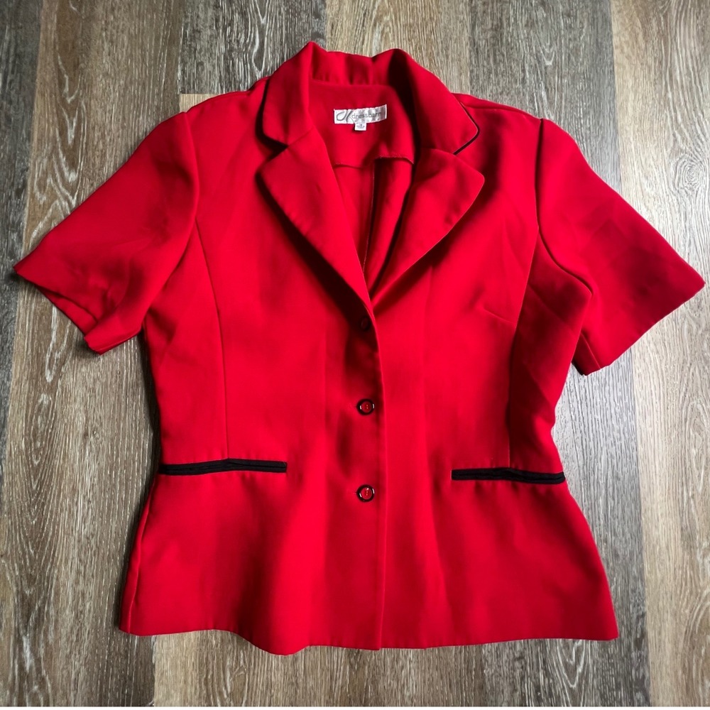 Dressbarn Blazer Women Size 12 Red Short Sleeve Black Trim Button Up Jacket